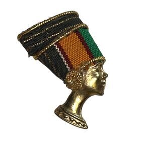 Vintage Queen Nefertiti Gold Tone and Cloth/Fabric Pin Brooch Egyptian Jewelry